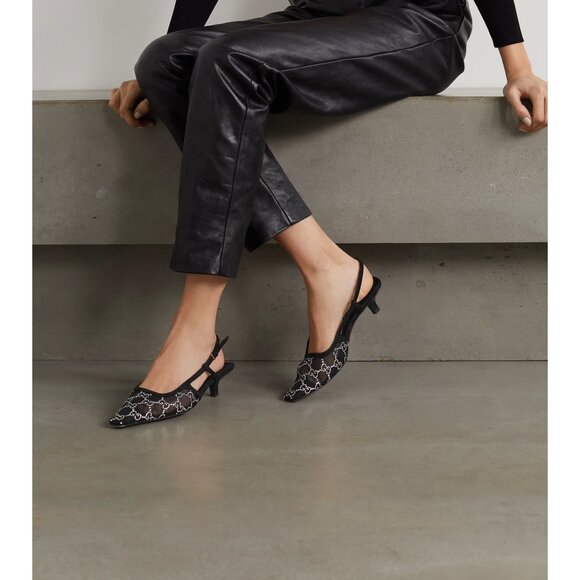 Gucci Crystal-Embellished GG Pointed Toe Slingback Sandals Black 36 (6) - Picture 4 of 16